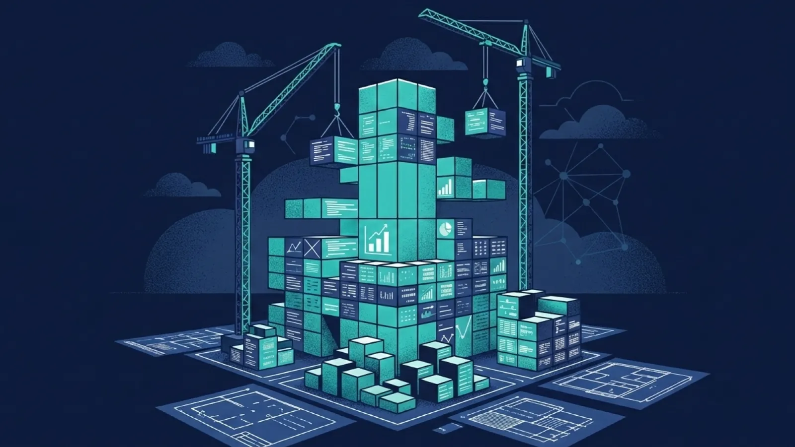 Isometric illustration of secure data infrastructure as stacked building blocks